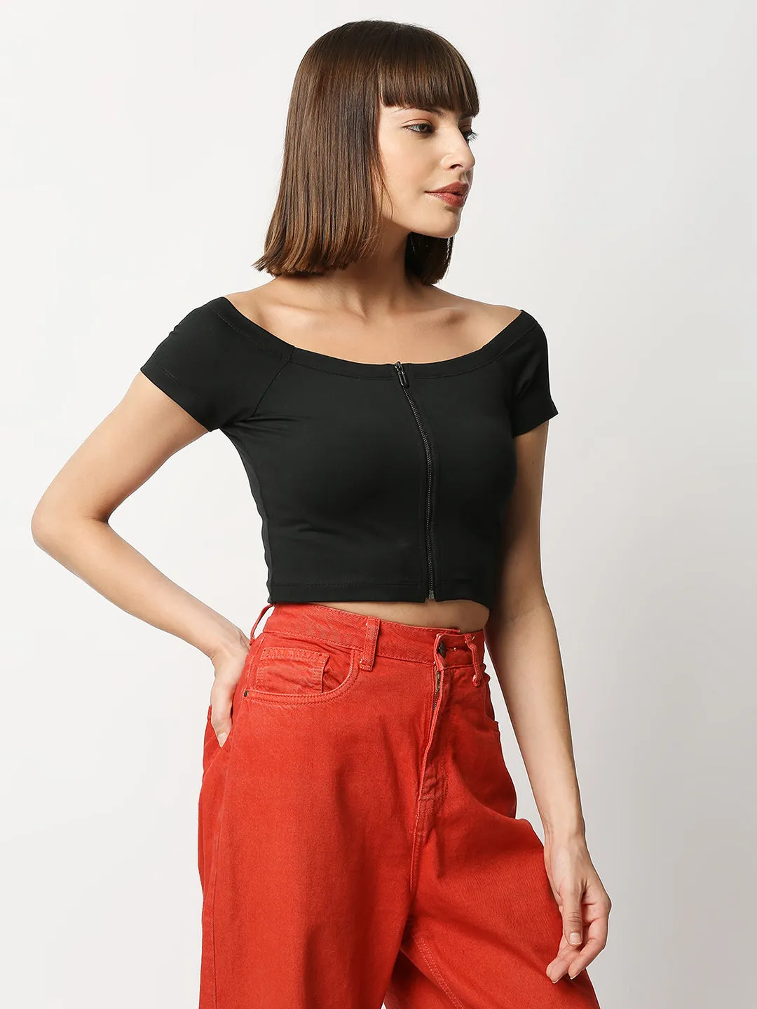 Disrupt Women Black Off-shoulder Slim Fit Crop Top